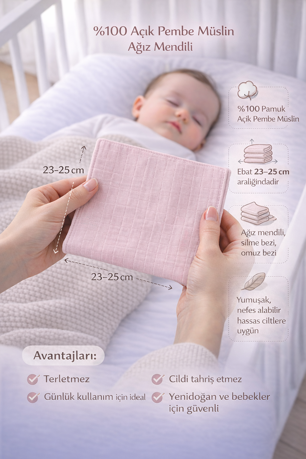 5 Adet Pembe Çift Katlı Müslin Kumaş Ağız ve Sırt Mendili