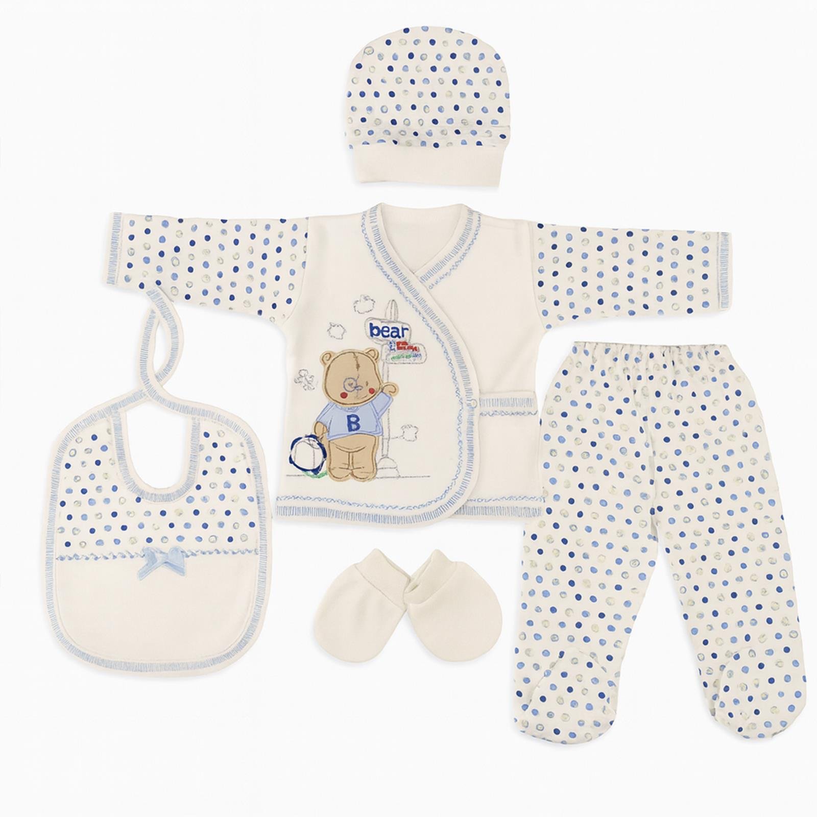 5'li Erkek Bebek Hastane Çıkışı Seti – Mavi Puantiyeli Ayıcık Desenli (%100 Pamuk)