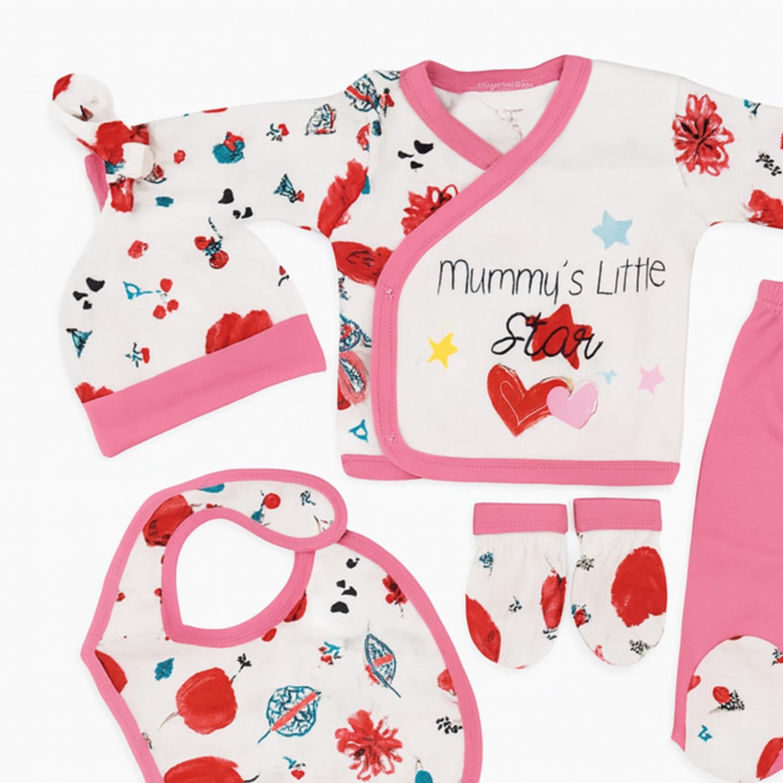 5'li Kız Bebek Hastane Çıkışı Seti – Mummy's Little Star Desenli (%100 Pamuk)