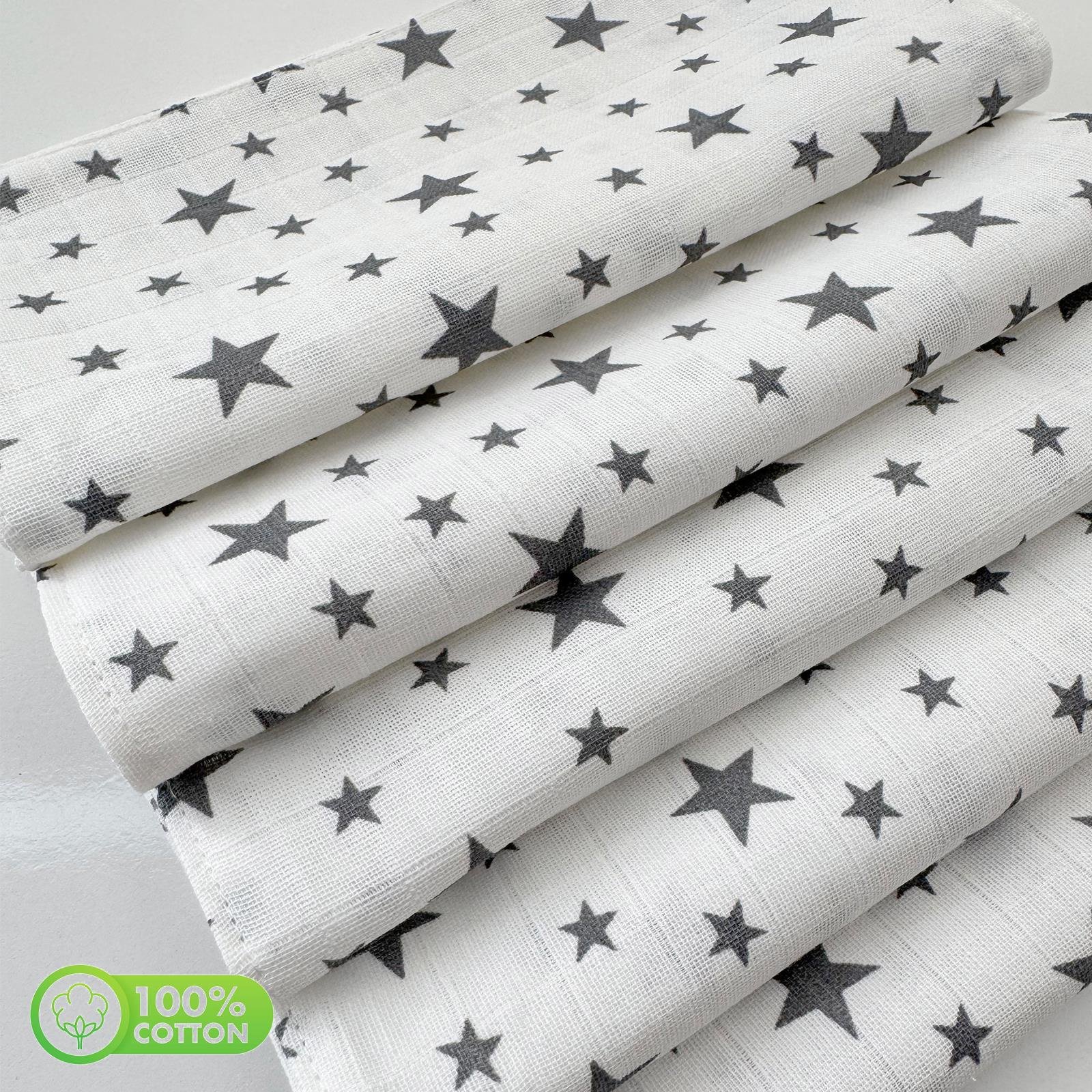 5'li Müslin Ağız & Sırt Silme Bezi – Gri Yıldız Desenli (%100 Pamuk)
