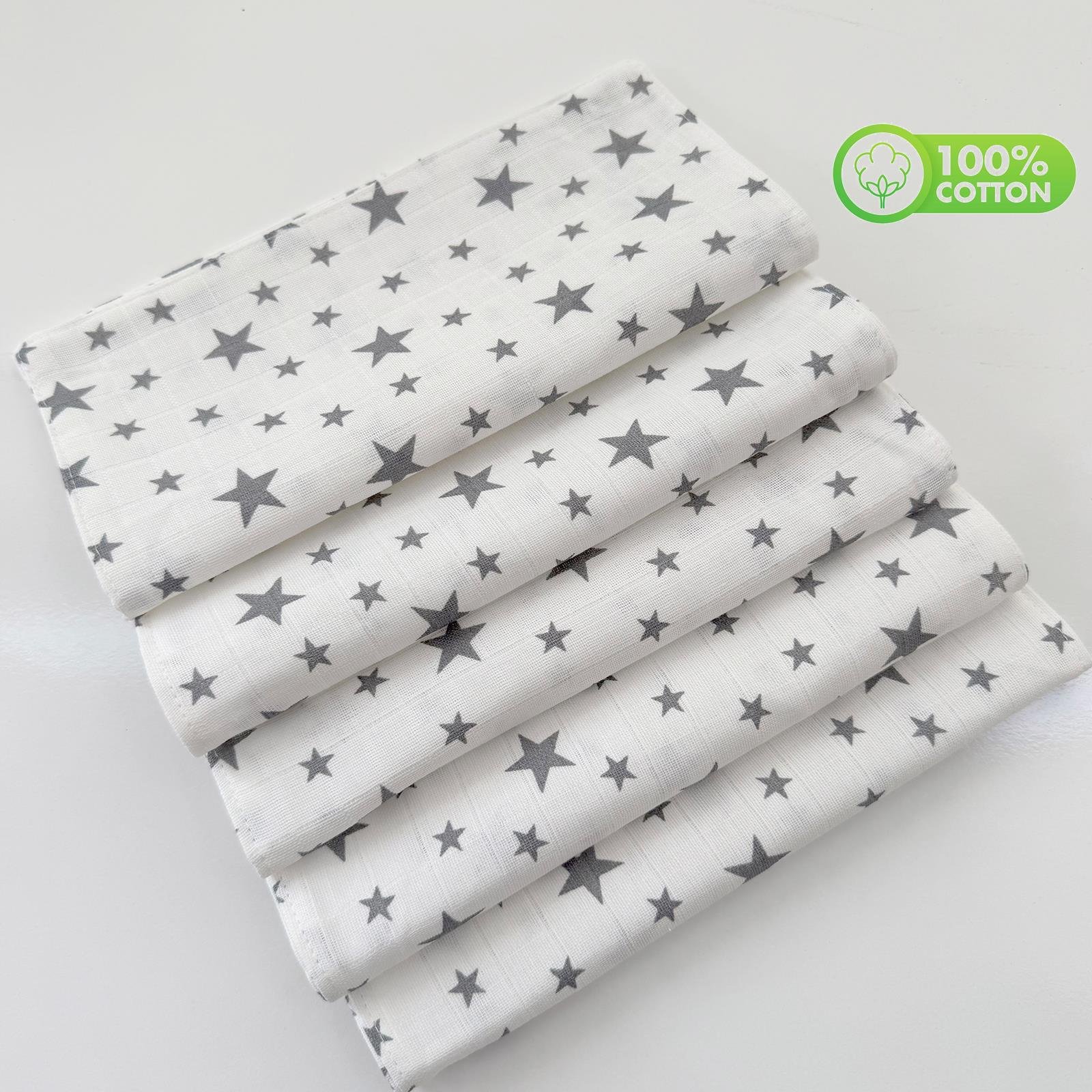 5'li Müslin Ağız & Sırt Silme Bezi – Gri Yıldız Desenli (%100 Pamuk)