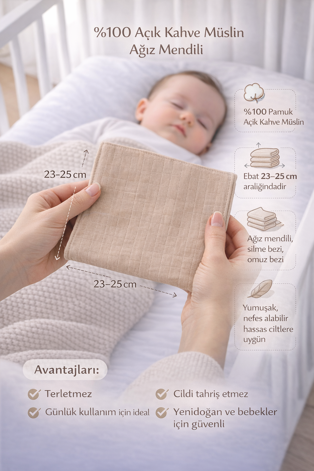 Açık Kahve 5 Adet Müslin Ağız Mendili - Sırt Mendili - Salya Bezi 