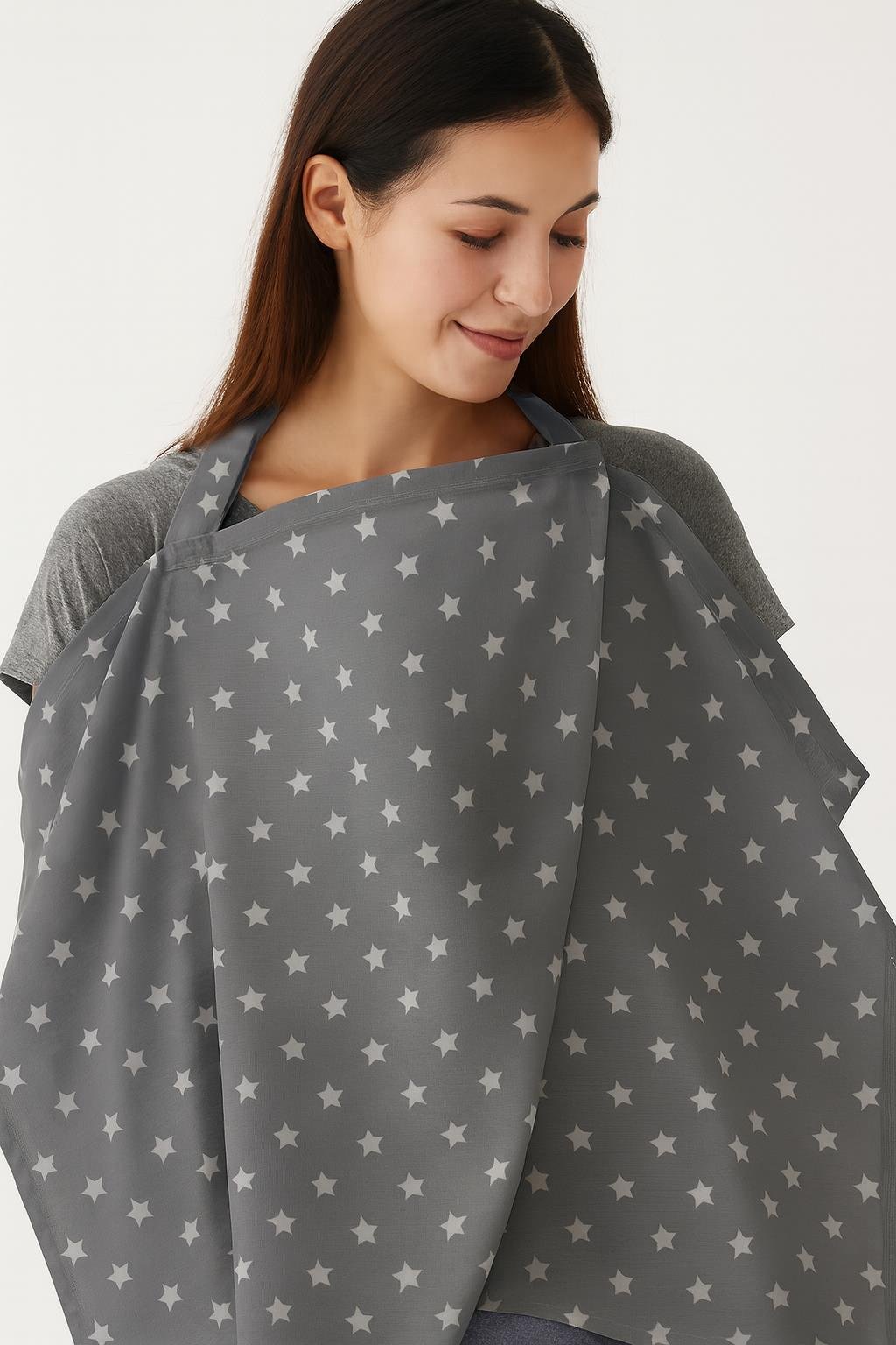 Anneler İçin Gri Yıldız Emzirme Örtüsü – Hafif, Nefes Alan, 75x75 cm