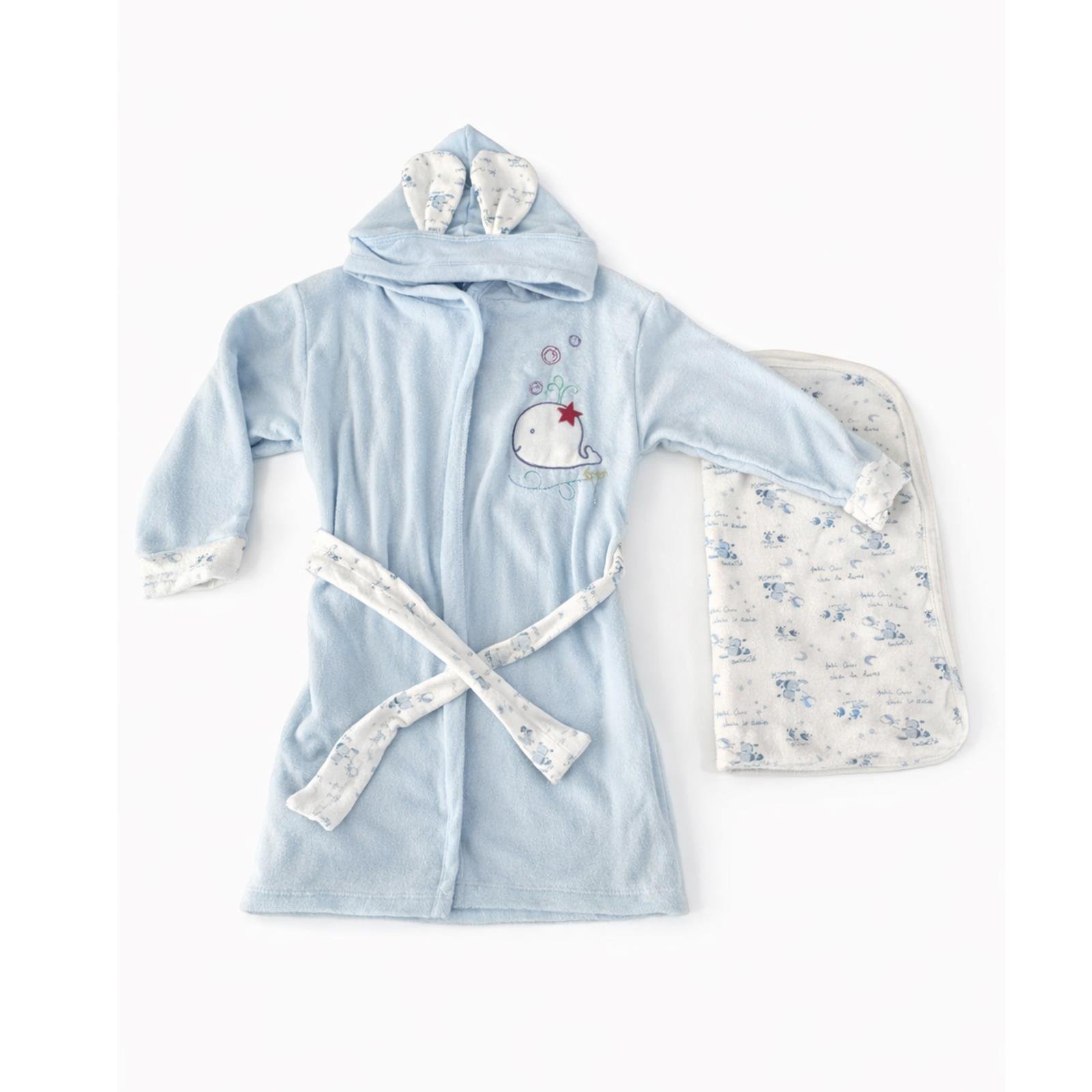 Balina Nakışlı 6-8 Yaş Kapüşonlu Bebek Bornoz ve Havlu Seti – Mavi