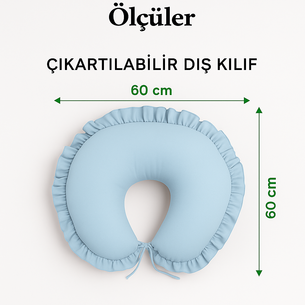 Bebe Mavi Fırfırlı Emzirme & Destek Yastığı – Fermuarlı, Yıkanabilir Kılıf | %100 Pamuk