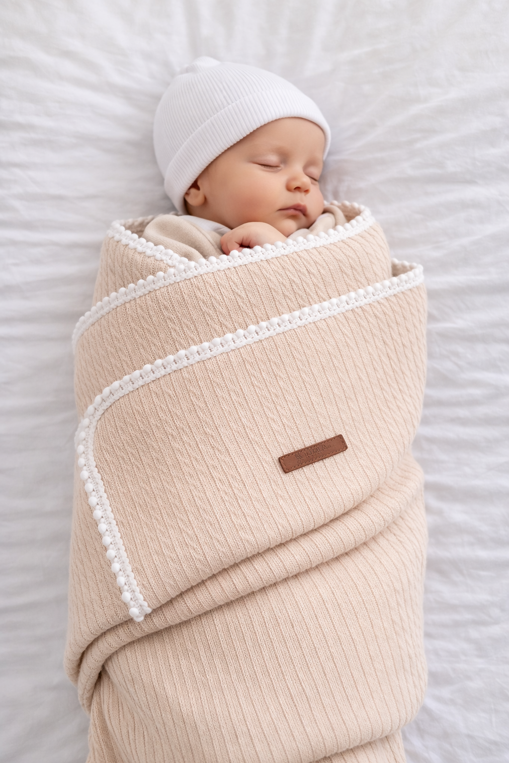 Bej 110x110 cm İnce Ponpon Kenarlı Örgü Pike Bebek Battaniyesi