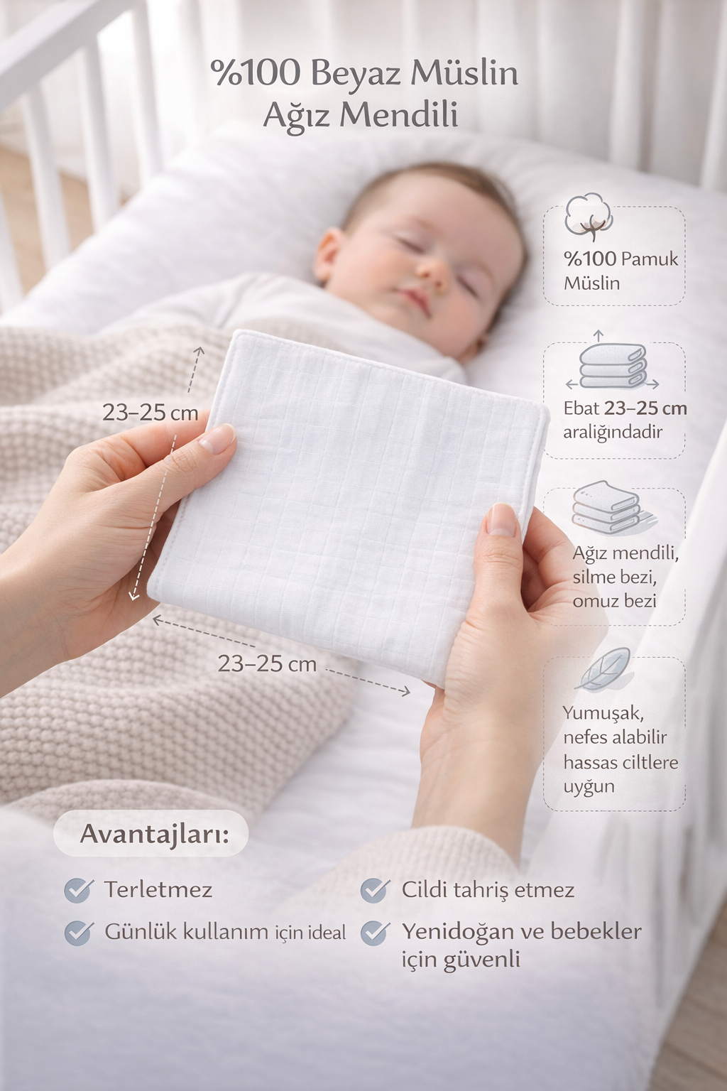 Beyaz 5 Adet Müslin Ağız Bezi, Ter Bezi Sırt Mendili