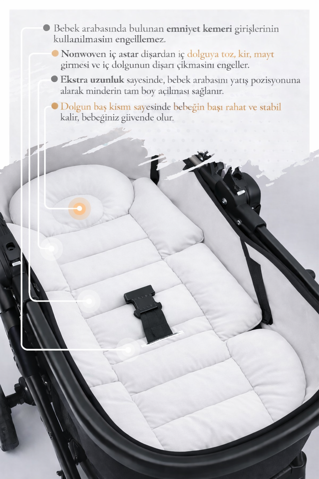 Beyaz Lüks Bebek Arabası Minderi – Ergonomik Destekli – 80 x 38 cm