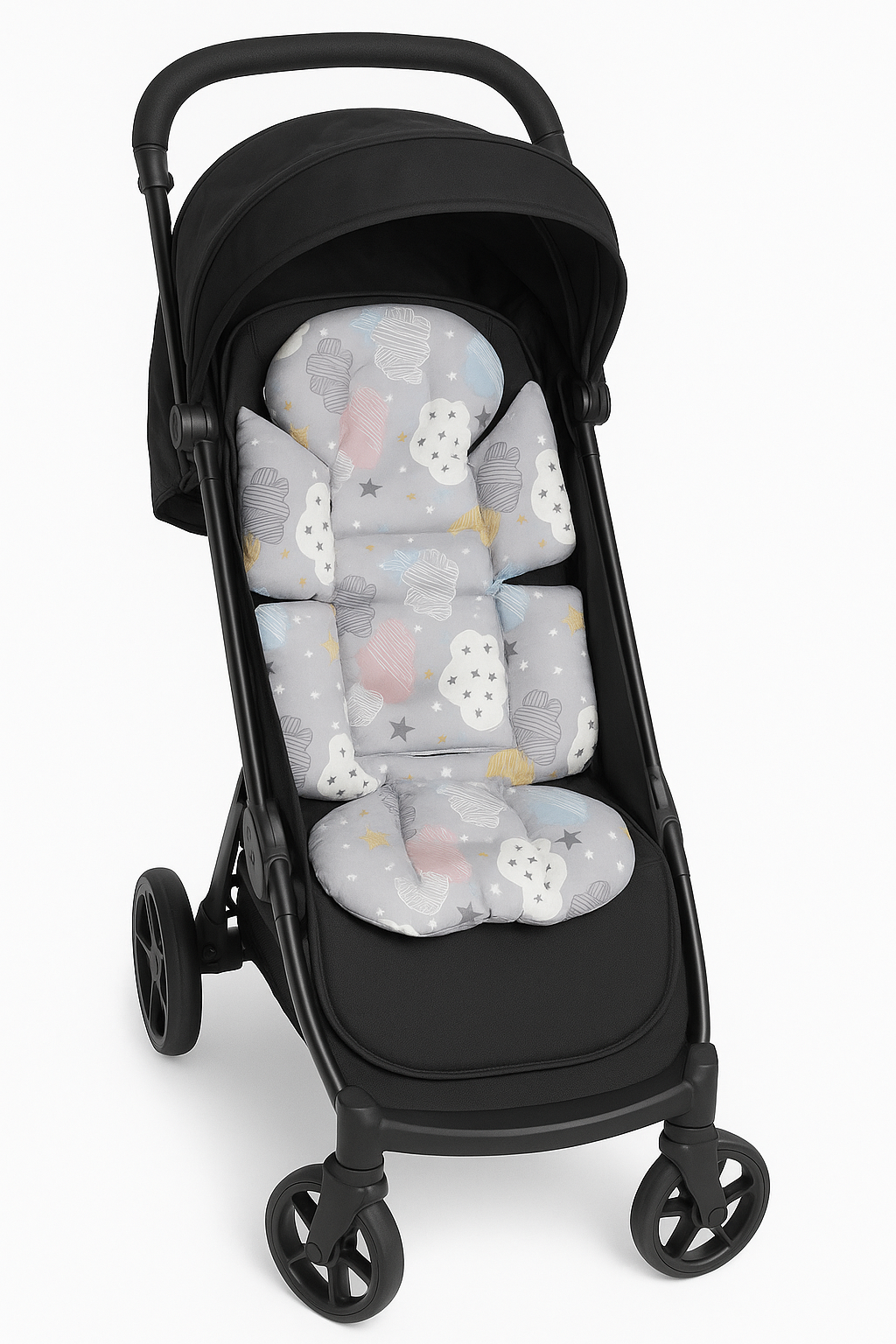 Gri Bulut Bebek Arabası Minderi – Çift Taraflı, Ultra Konforlu, %100 Pamuk