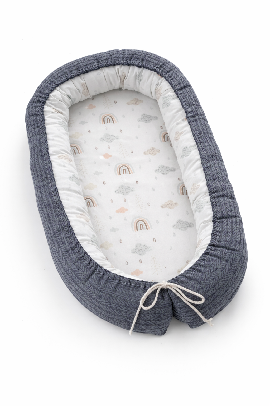 İndigo Örgü Kumaş ve Dağ Desenli Lüx Babynest - Premium Babynest