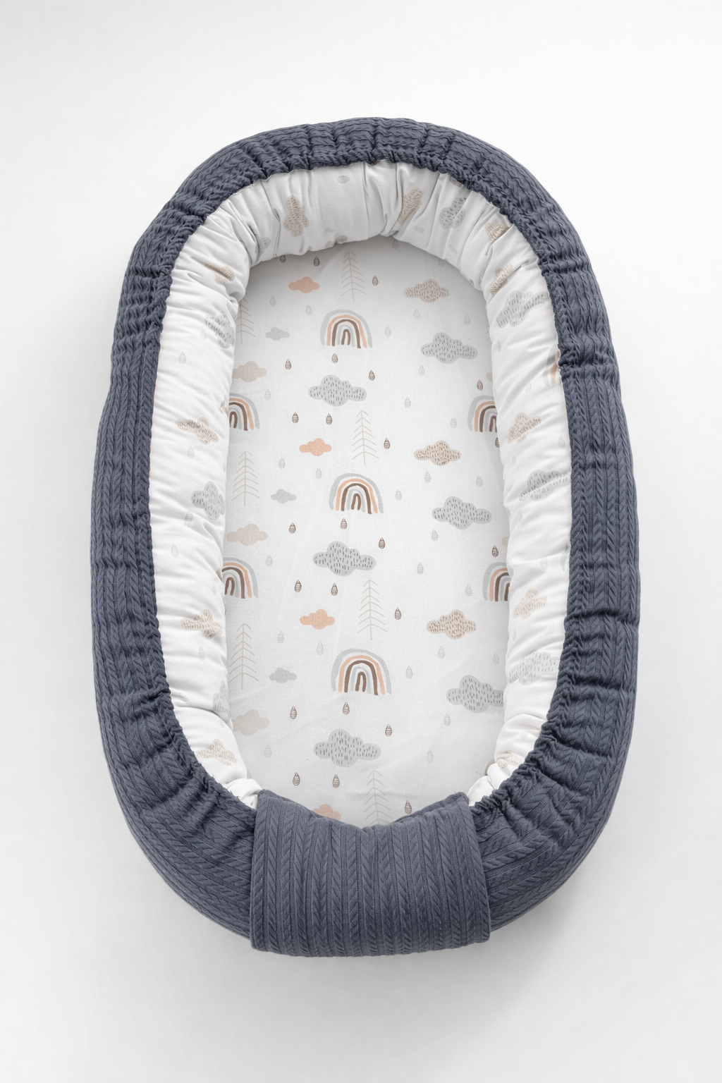 İndigo Örgü Kumaş ve Dağ Desenli Lüx Babynest - Premium Babynest
