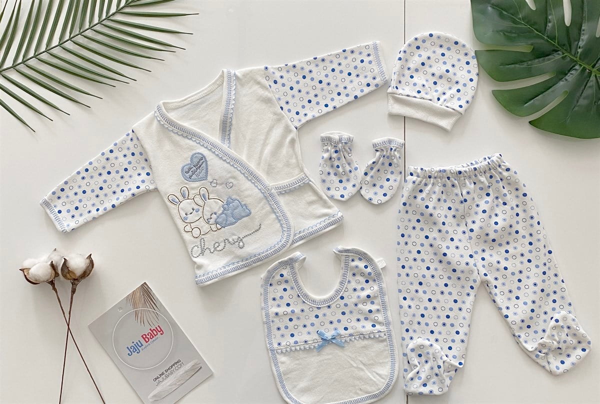 Jaju Baby 0-3 Ay Mavi Kalp Puantiyeli 5li Yenidoğan Set