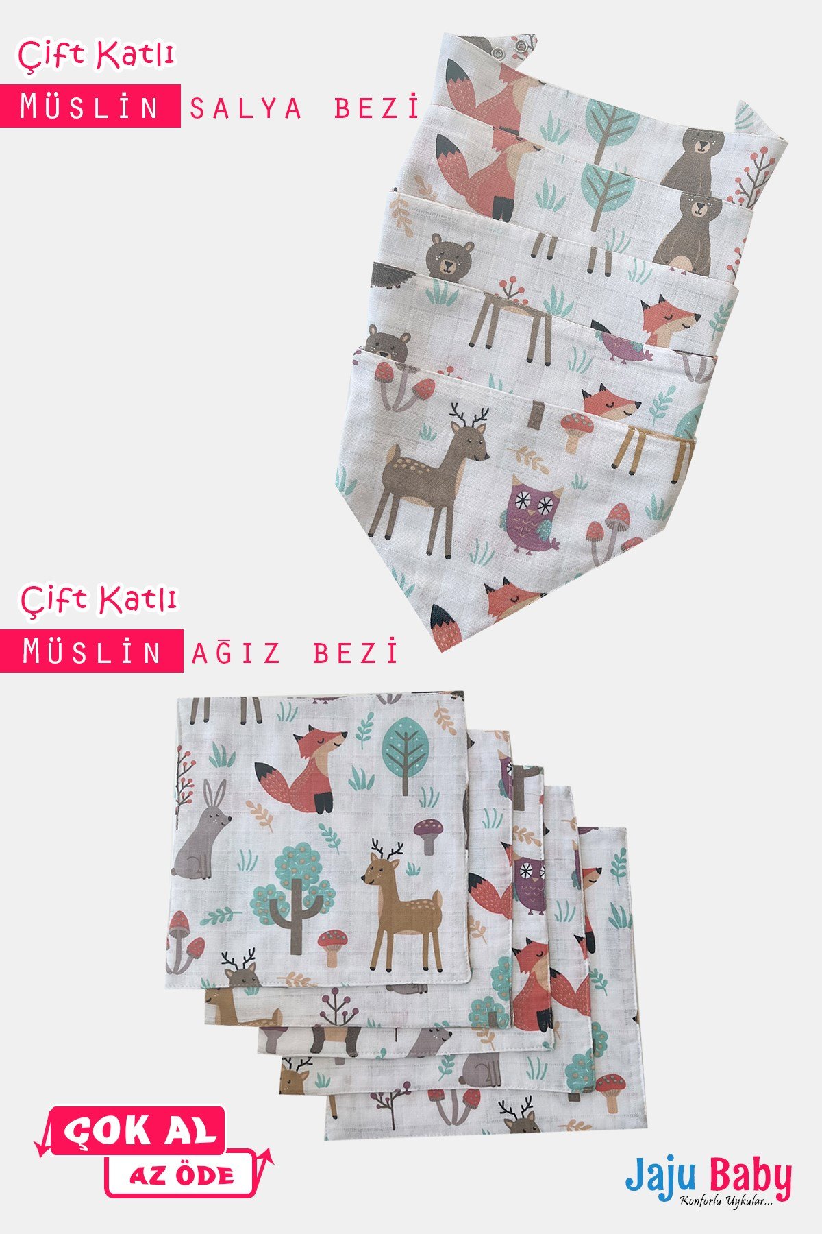 Jaju Baby %100 Organik Pamuk Çift Katlı Müslin Salya Bezi, Ağız Bezi, Sırt Bezi ve Ter Bezi Çok Amaçlı 10 Parça Müslin Set Orman Desen