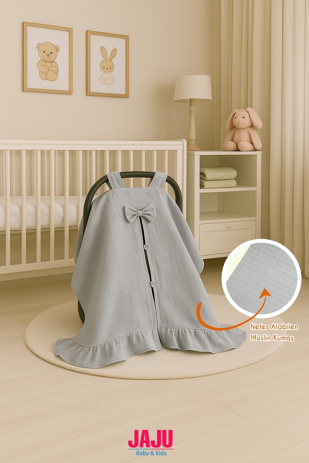 Jaju Baby % 100 Pamuk Gri Renk Fırfırlı Müslin Puset Örtüsü (1.SINIF MÜSLİN)