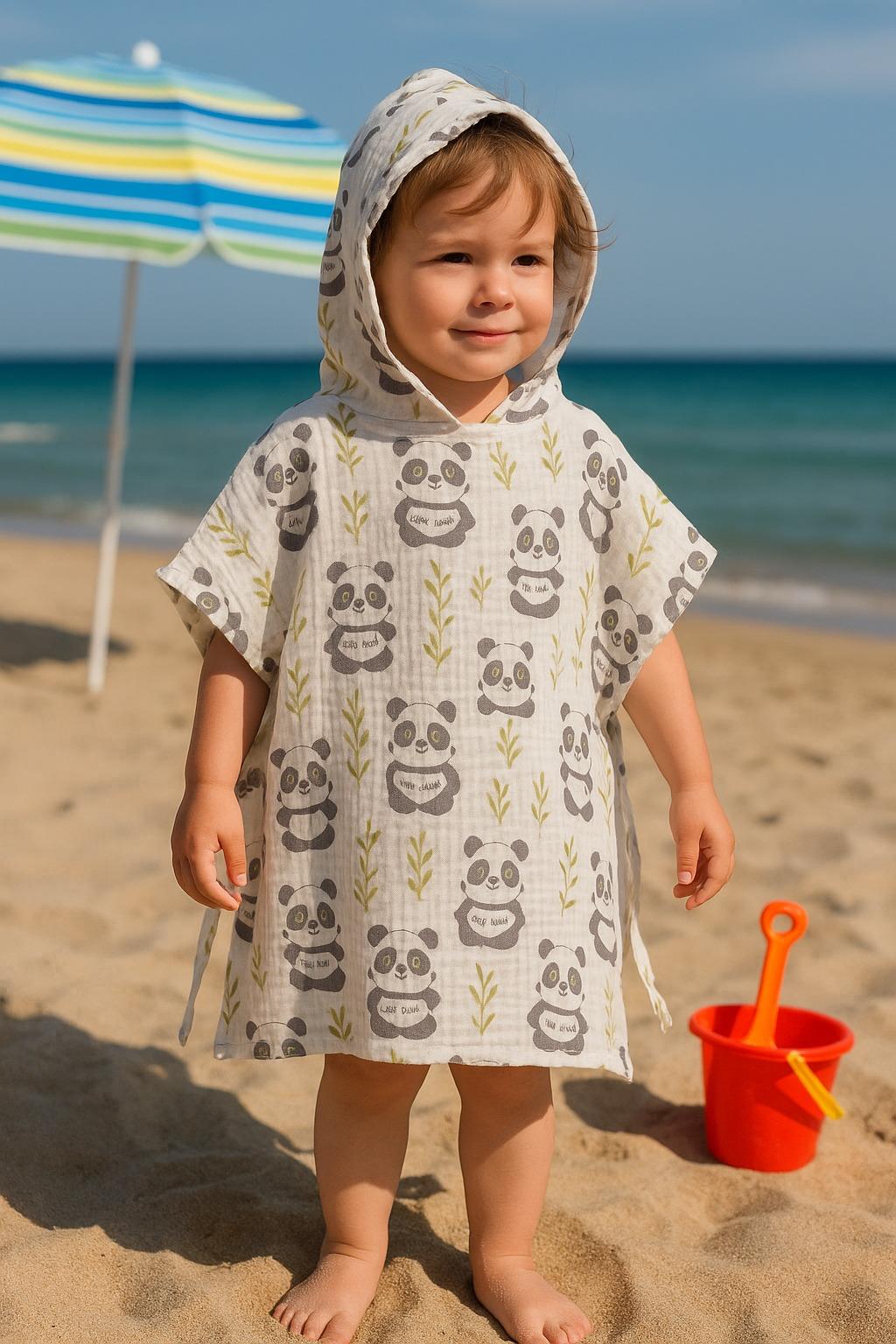 Jaju Baby 2-5 Yaş Arası Müslin Panda Desenli Şapkalı Panço