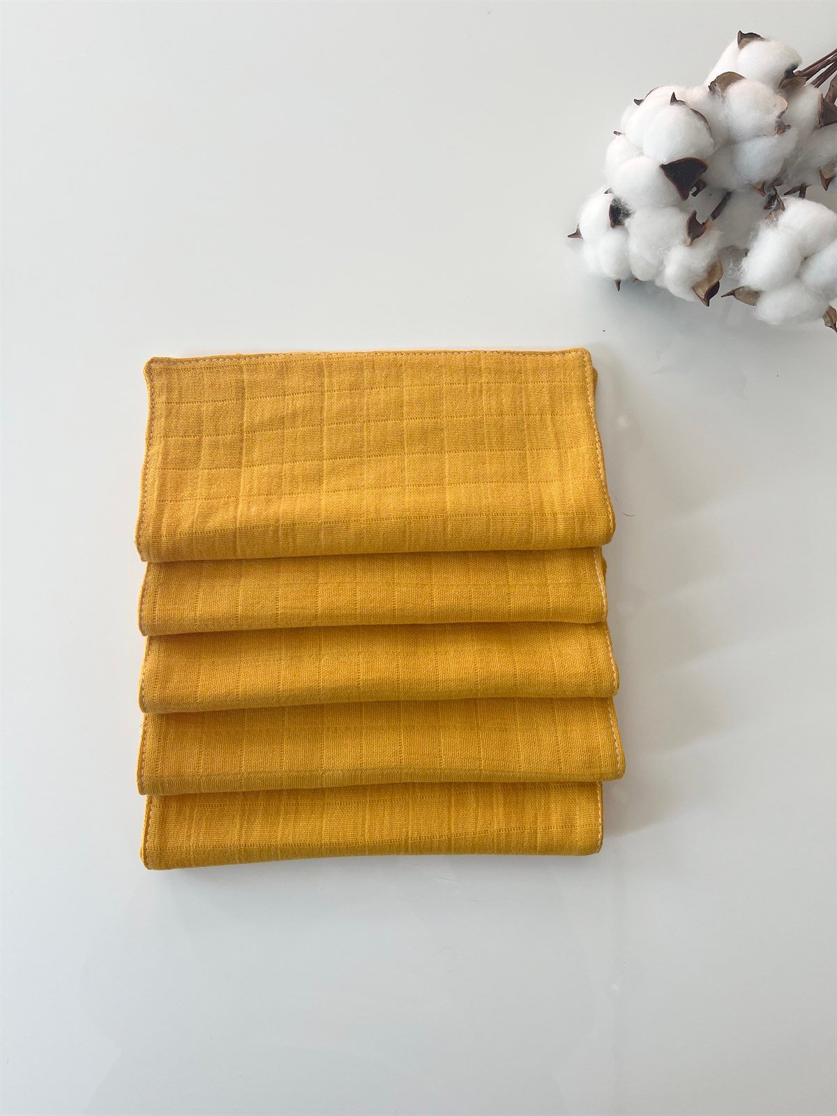 Jaju Baby 5 Adet %100 Organik Pamuk Çift Katlı Müslin Kumaş %100 Pamuk Müslin Omuz Örtüsü Ağız Mendili Sırt Mendili Hardal Renk