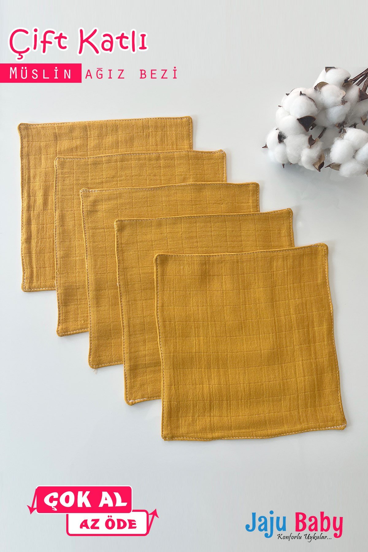 Jaju Baby 5 Adet %100 Organik Pamuk Çift Katlı Müslin Kumaş %100 Pamuk Müslin Omuz Örtüsü Ağız Mendili Sırt Mendili Hardal Renk
