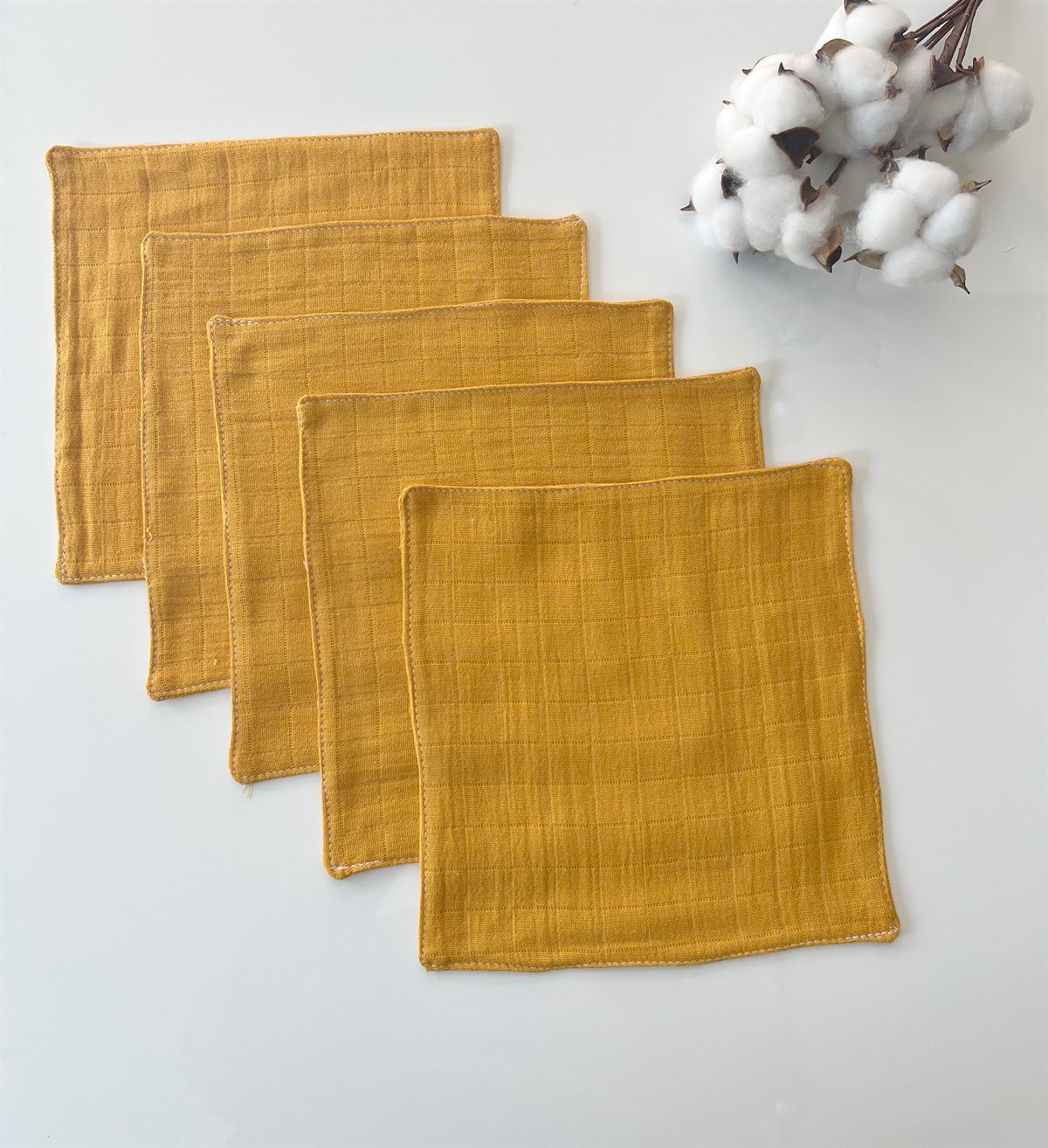 Jaju Baby 5 Adet %100 Organik Pamuk Çift Katlı Müslin Kumaş %100 Pamuk Müslin Omuz Örtüsü Ağız Mendili Sırt Mendili Hardal Renk