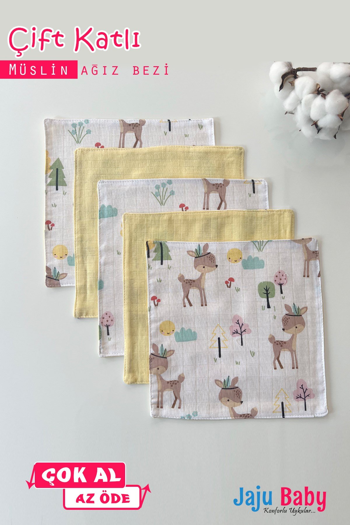 Jaju Baby 5 Adet %100 Organik Pamuk Çift Katlı Müslin Kumaş %100 Pamuk Müslin Omuz Örtüsü Ağız Mendili Sırt Mendili