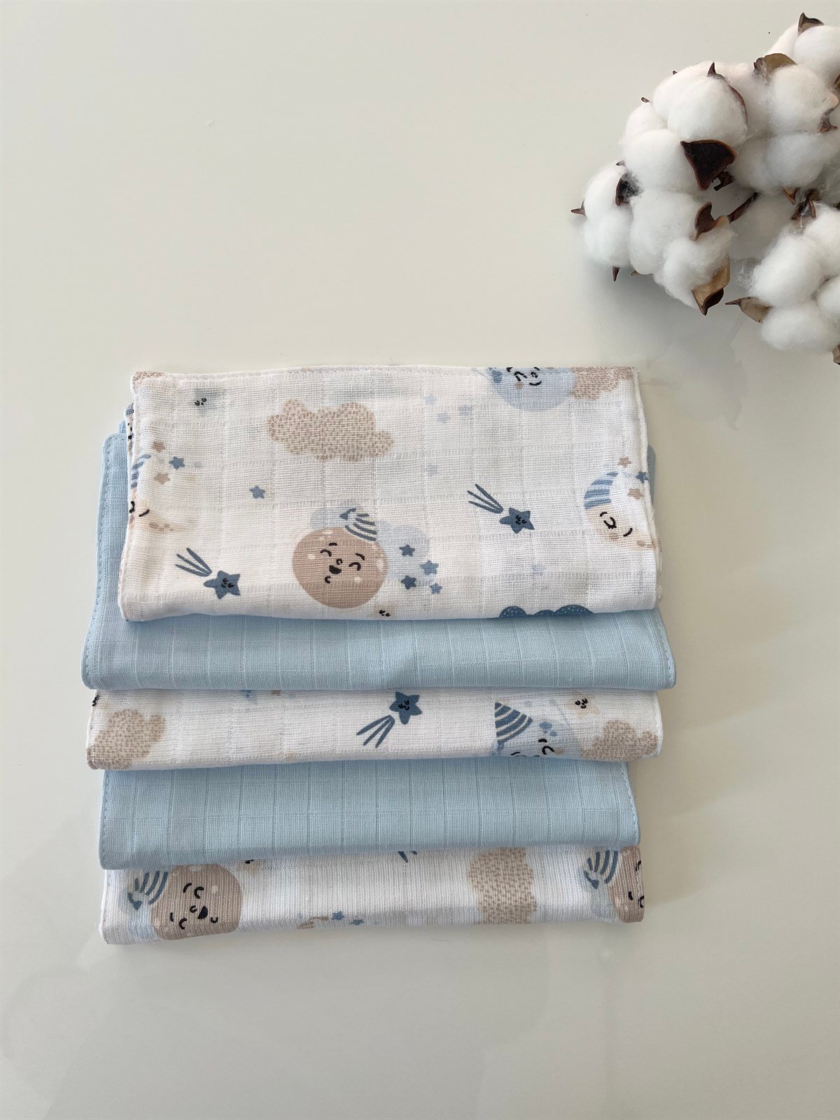 Jaju Baby 5 Adet %100 Organik Pamuk Çift Katlı Müslin Kumaş %100 Pamuk Müslin Omuz Örtüsü Ağız Mendili Sırt Mendili Bulut ve Ay Desen
