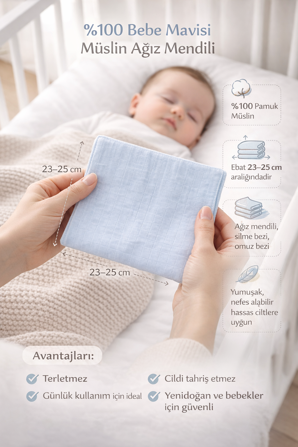 Jaju Baby 5 Adet %100 Organik Pamuk Çift Katlı Müslin Kumaş %100 Pamuk Müslin Omuz Örtüsü Ağız Mendili Sırt Mendili Mavi Renk