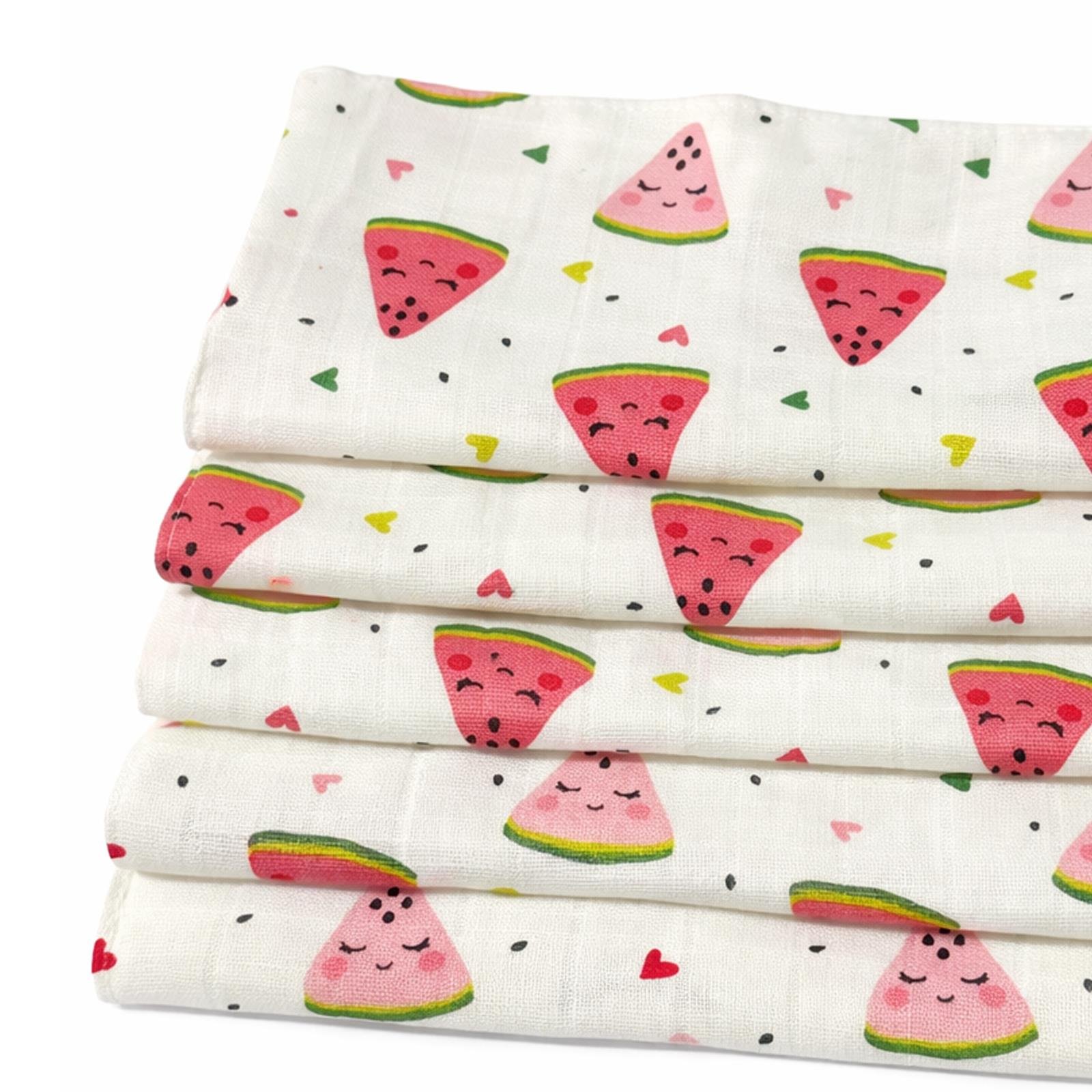 Jaju Baby 5 Adet %100 Organik Pamuk Çift Katlı Müslin Kumaş %100 Pamuk Müslin Omuz Örtüsü Ağız Mendili Sırt Mendili Karpuz Desen