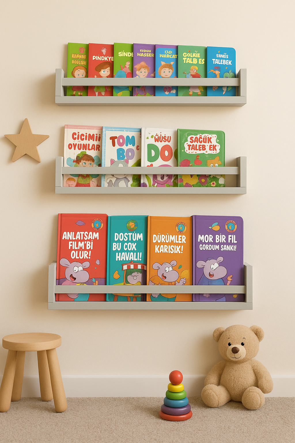 Jaju Baby 50 cm 3'lü Gri Montessori Kitaplık Çocuk Odası Duvar Rafı Ahşap Kitaplık Raf