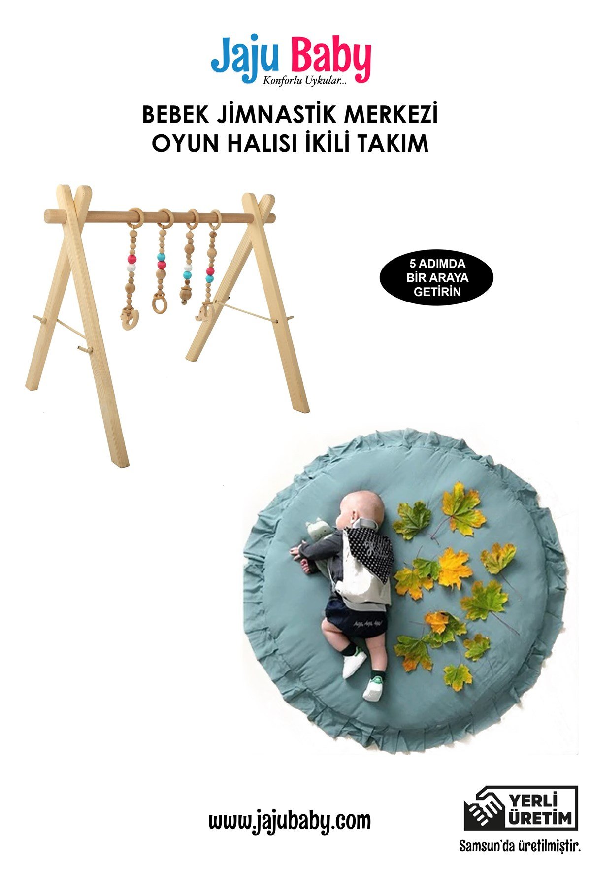 Jaju Baby Ahşap Bebek Jimnastik & Egzersiz & Yeşil Oyun Halısı Takım