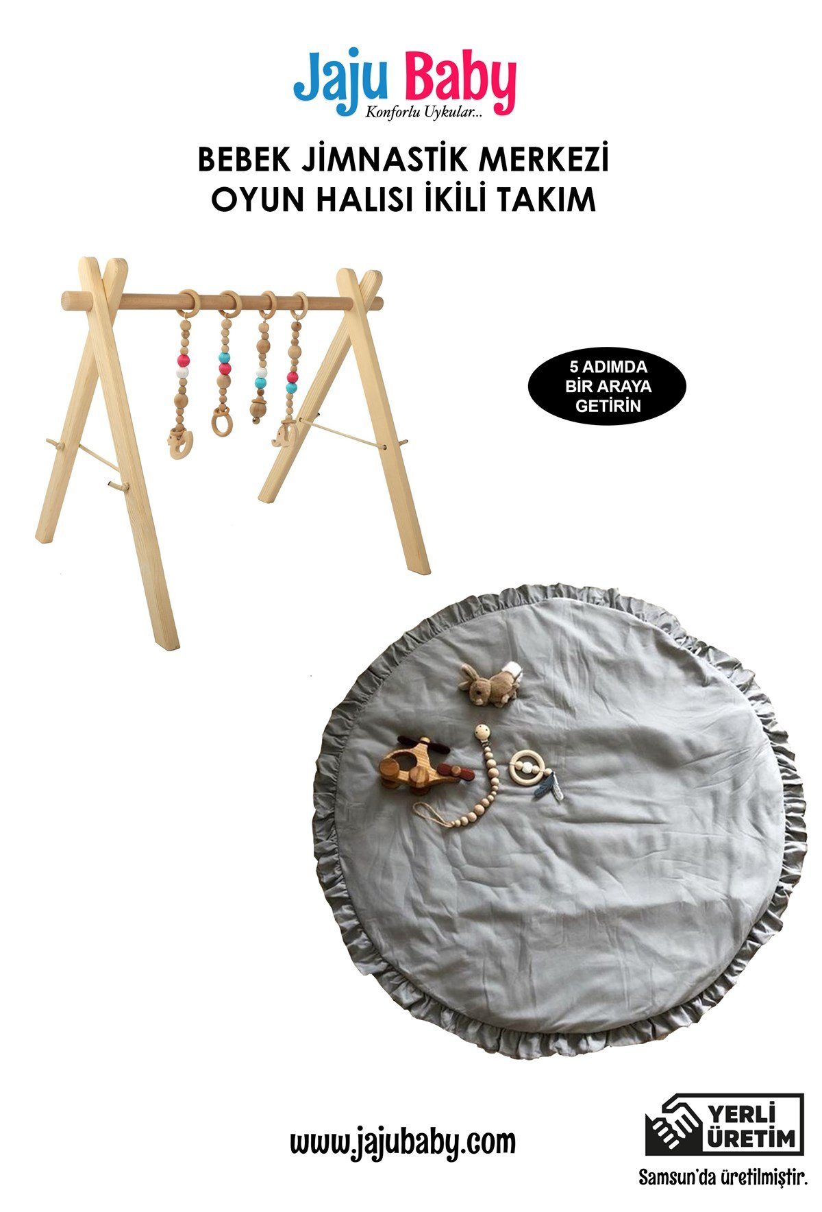 Jaju Baby Ahşap Bebek Jimnastik & Egzersiz & Gri Oyun Halısı Takım