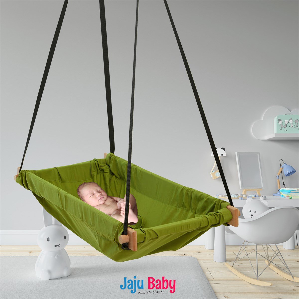 Jaju Baby Ahşap Yaylı ZıpZıp Hamak - Tavan Salıncağı (Yeşil)