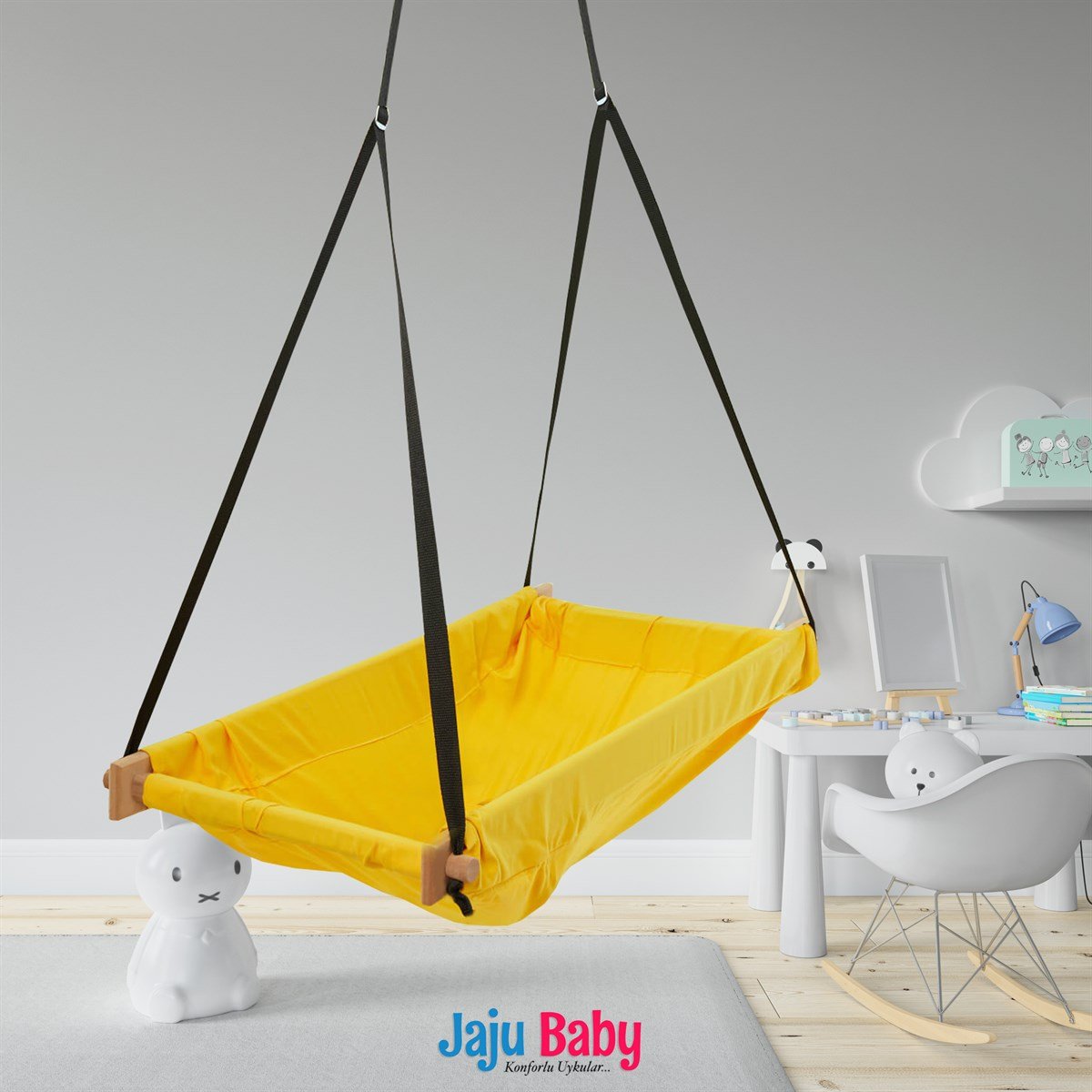 Jaju Baby Ahşap Yaylı ZıpZıp Hamak - Tavan Salıncağı (Sarı)