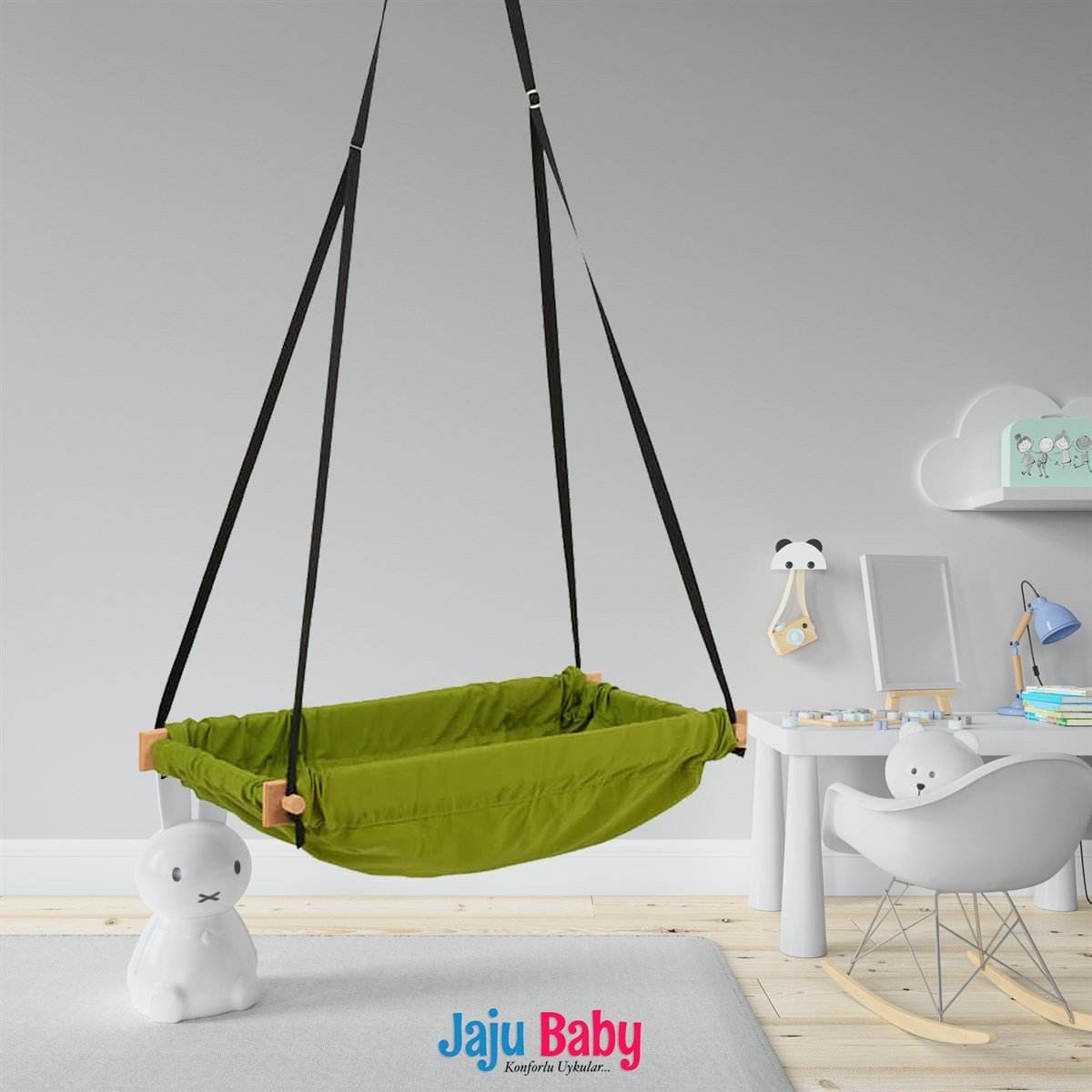 Jaju Baby Ahşap Yaylı ZıpZıp Hamak - Tavan Salıncağı (Yeşil)