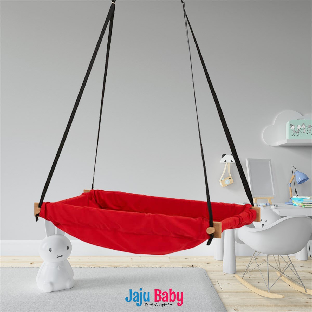 Jaju Baby Ahşap Yaylı ZıpZıp Hamak - Tavan Salıncağı (Kırmızı)