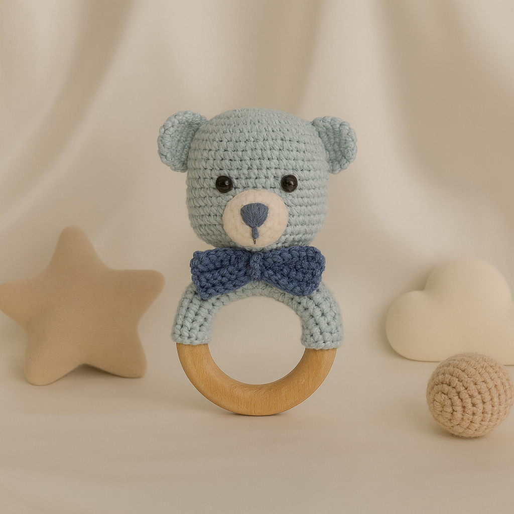 Jaju Baby Amigurumi  Ayıcık Diş Kaşıyıcılı Çıngırak 14 cm