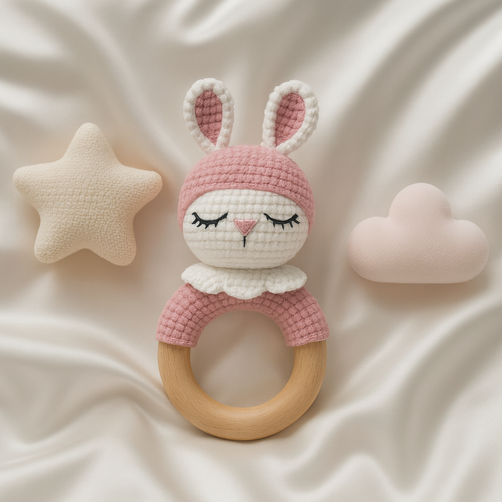 Jaju Baby Amigurumi Pembe Sevimli Anten Kulaklar Diş Kaşıyıcılı Çıngırak 14 cm