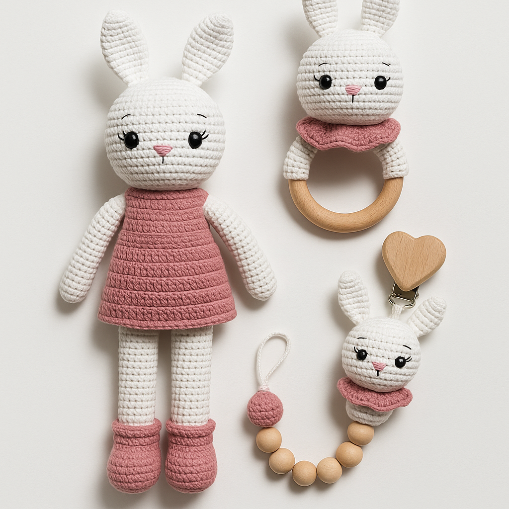 Jaju Baby Amigurumi Pembe Tavşan 29 cm Çıngırak ve İsimli Emzik Zinciri Üçlü Set