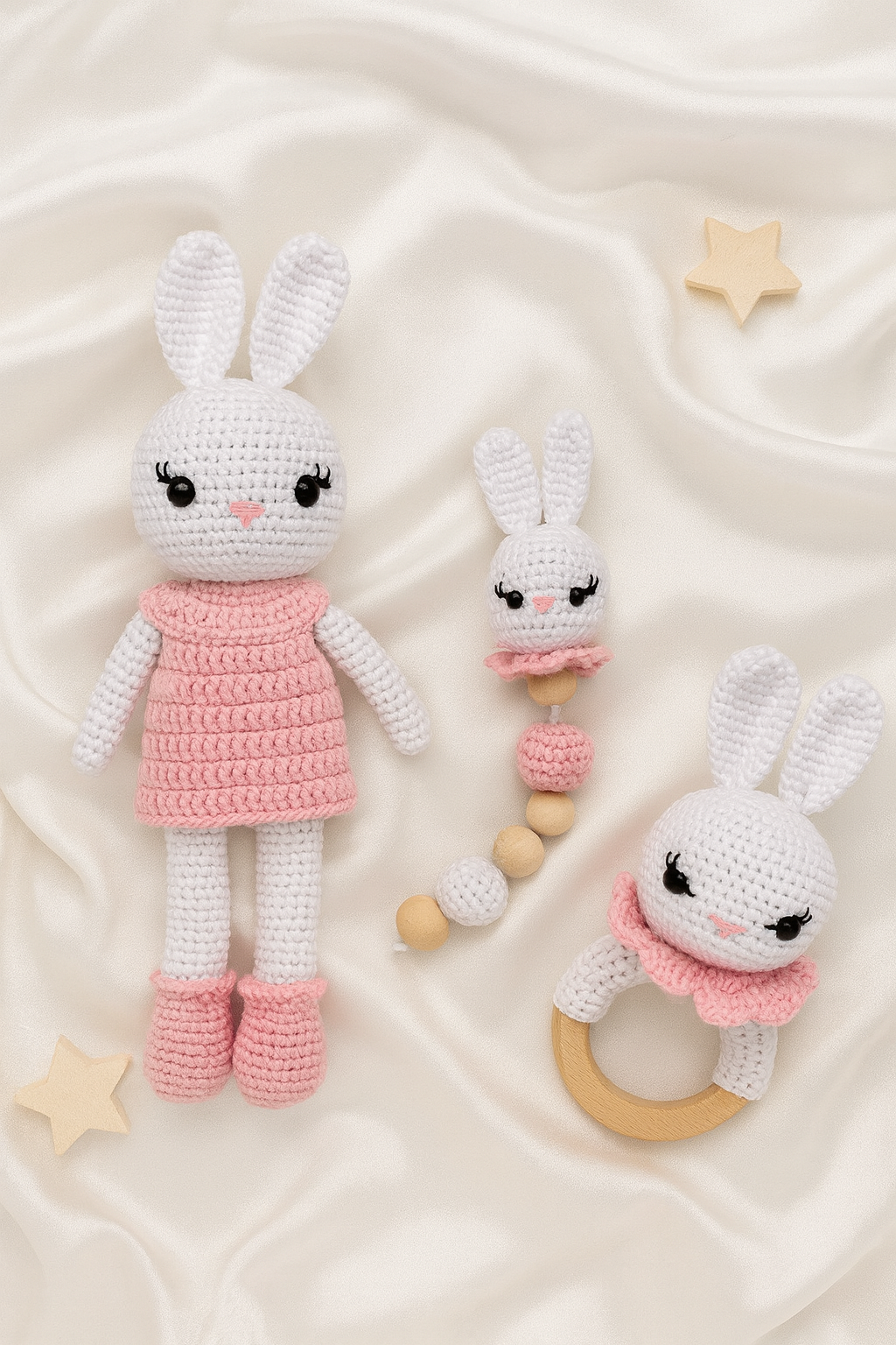 Jaju Baby Amigurumi Pembe Tavşan 29 cm Çıngırak ve Emzik Zinciri Üçlü Set 