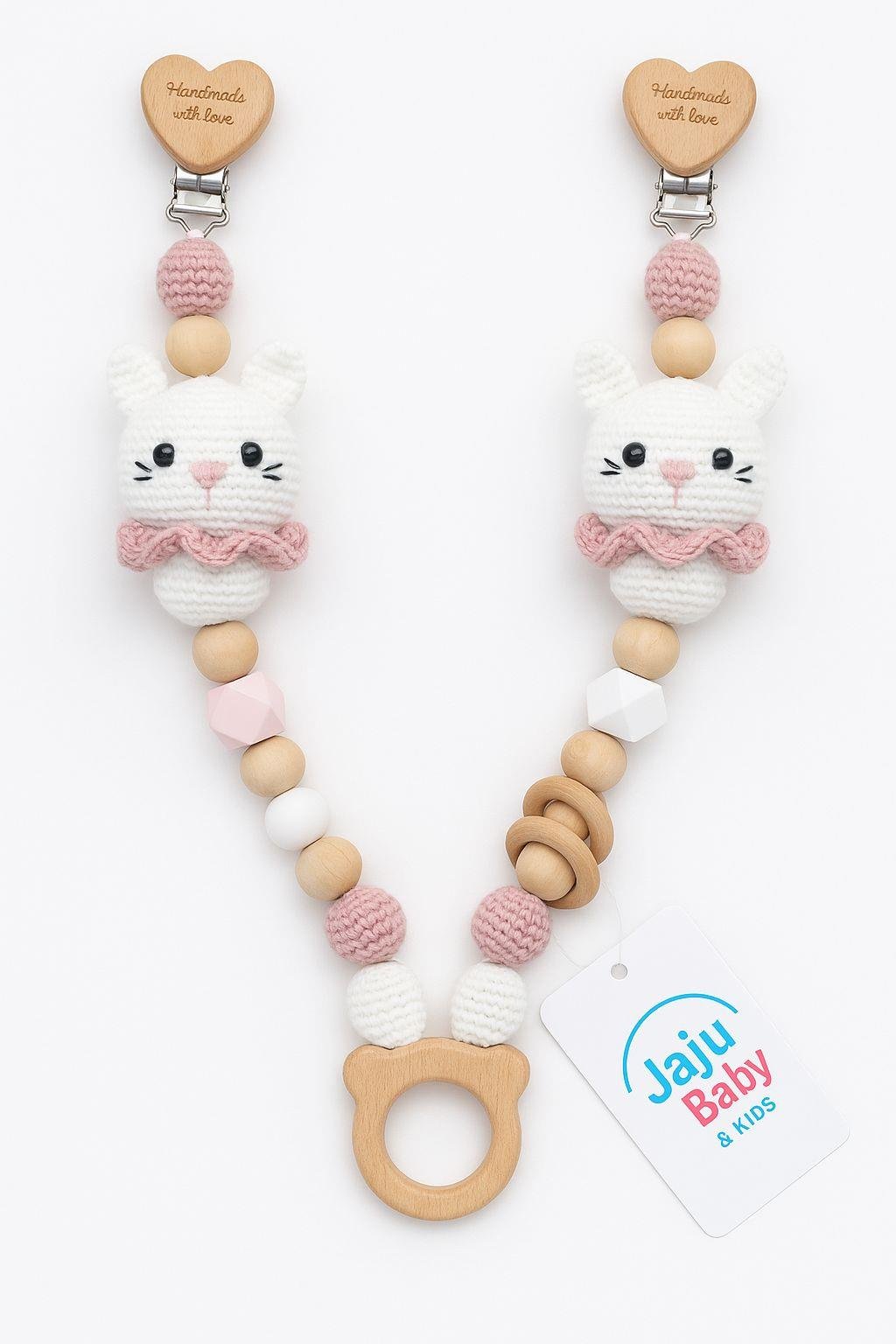 Jaju Baby Amigurumi Pembe Tavşan Detaylı Çift Emzik Zinciri