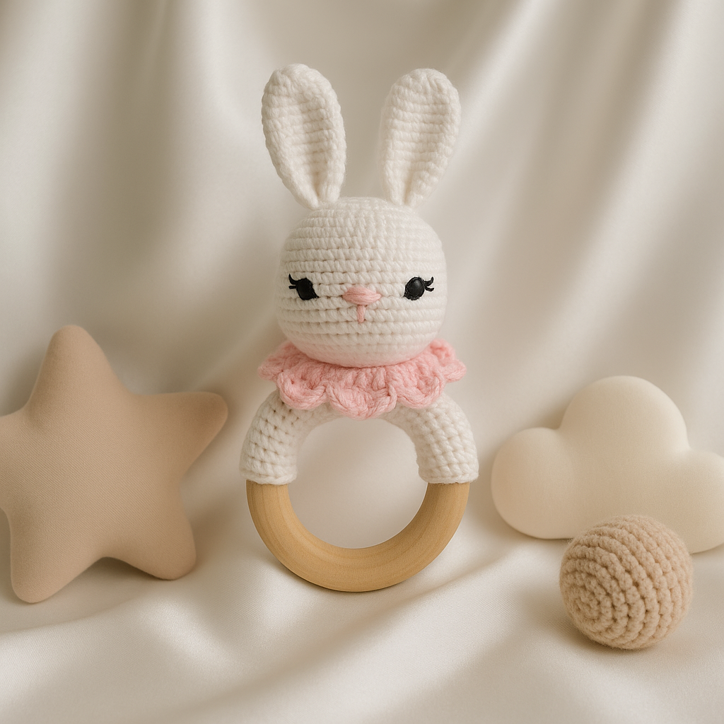 Jaju Baby Amigurumi Pembe Tavşan Diş Kaşıyıcılı Çıngırak 14 cm