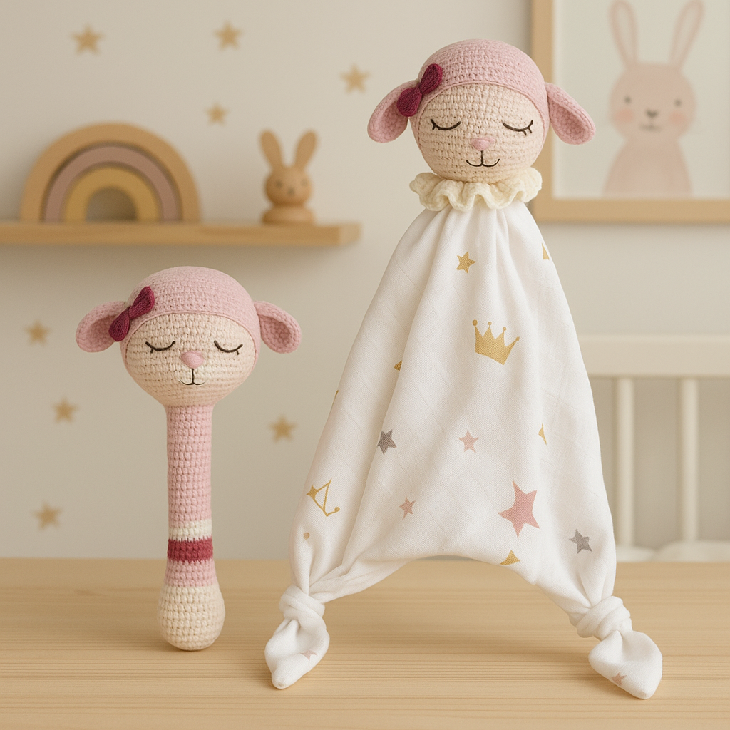 Jaju Baby Amigurumi Pembe Uykucu Ayıcık Müslin Uyku Arkadaşı Ve Çıngırak Set