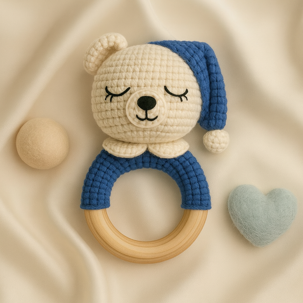 Jaju Baby Amigurumi Uykucu Ayıcık Diş Kaşıyıcılı Çıngırak 12 cm