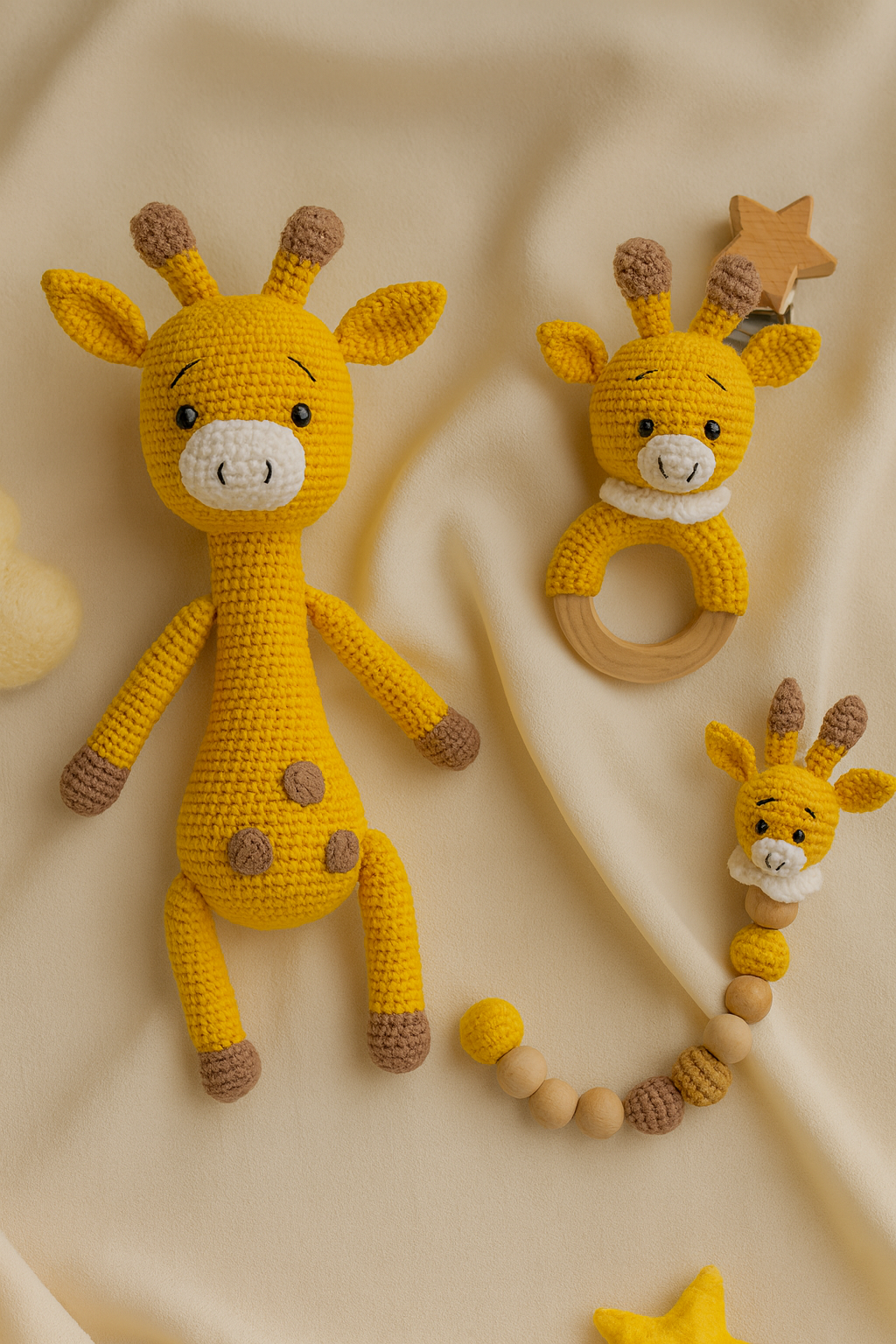 Jaju Baby Amigurumi Zürafa 33 cm Çıngırak ve Emzik Zinciri Üçlü Set