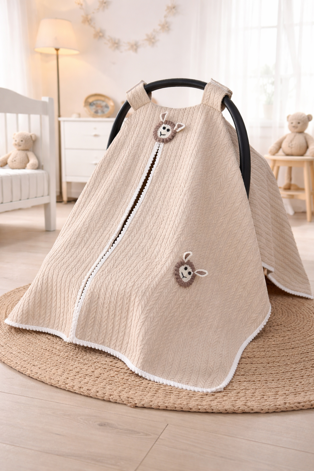 Jaju Baby Bej Örgü Kumaş Organik Kuzu Tasarım Puset Örtüsü