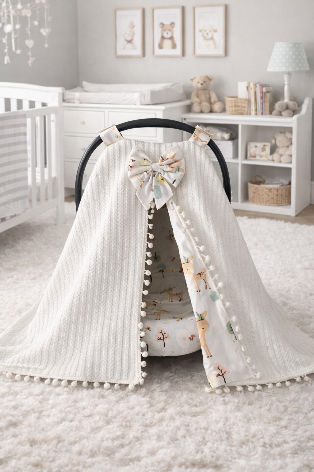 Jaju Baby Beyaz Örgü ve Ceylan Tasarım Ponponlu Puset Örtüsü ve Çarşafı