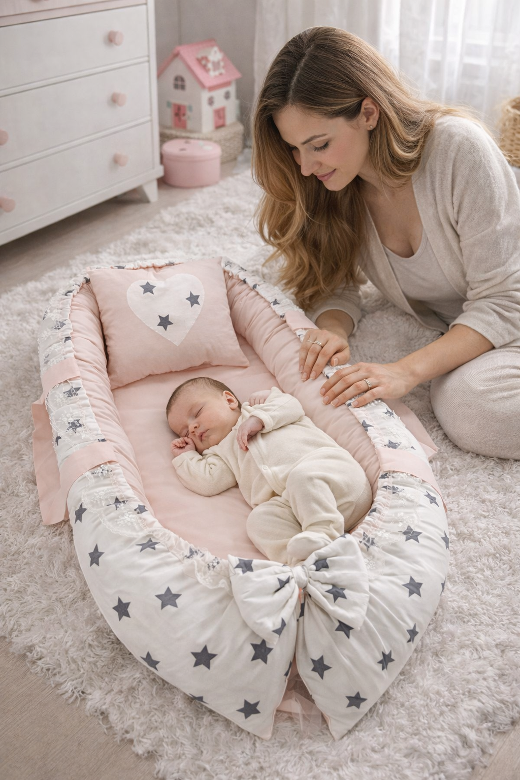 Jaju Baby  Beyaz Zemin Gri Yıldız Lüx Ortopedik Babynest Bebek Yuvası