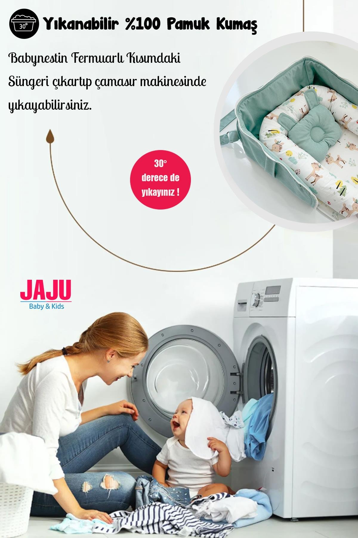 Jaju Baby Çantalı Babynest Taşınabilir Anne Yanı Yeşil Renk Ceylan Tasarımlı Babynest