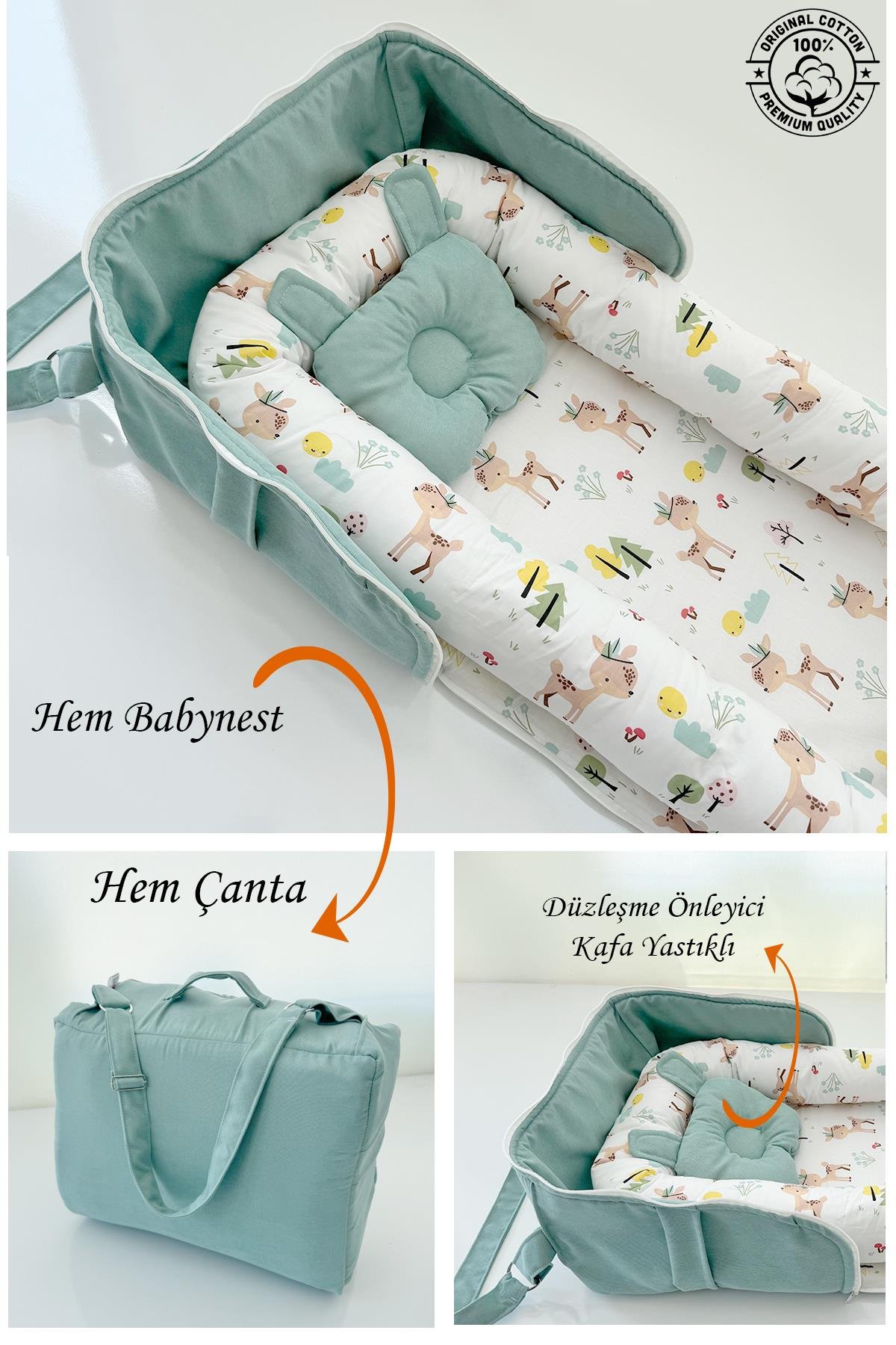 Jaju Baby Çantalı Babynest Taşınabilir Anne Yanı Yeşil Renk Ceylan Tasarımlı Babynest