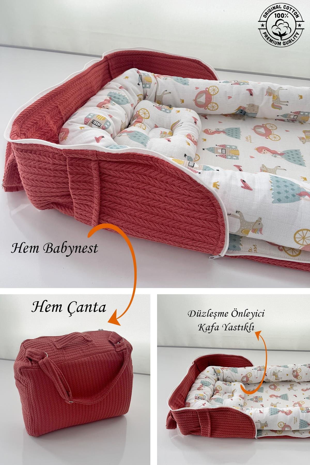 Jaju Baby Çantalı Babynest Taşınabilir Anne Yanı Müslin Prenses Örgü Pike Babynest