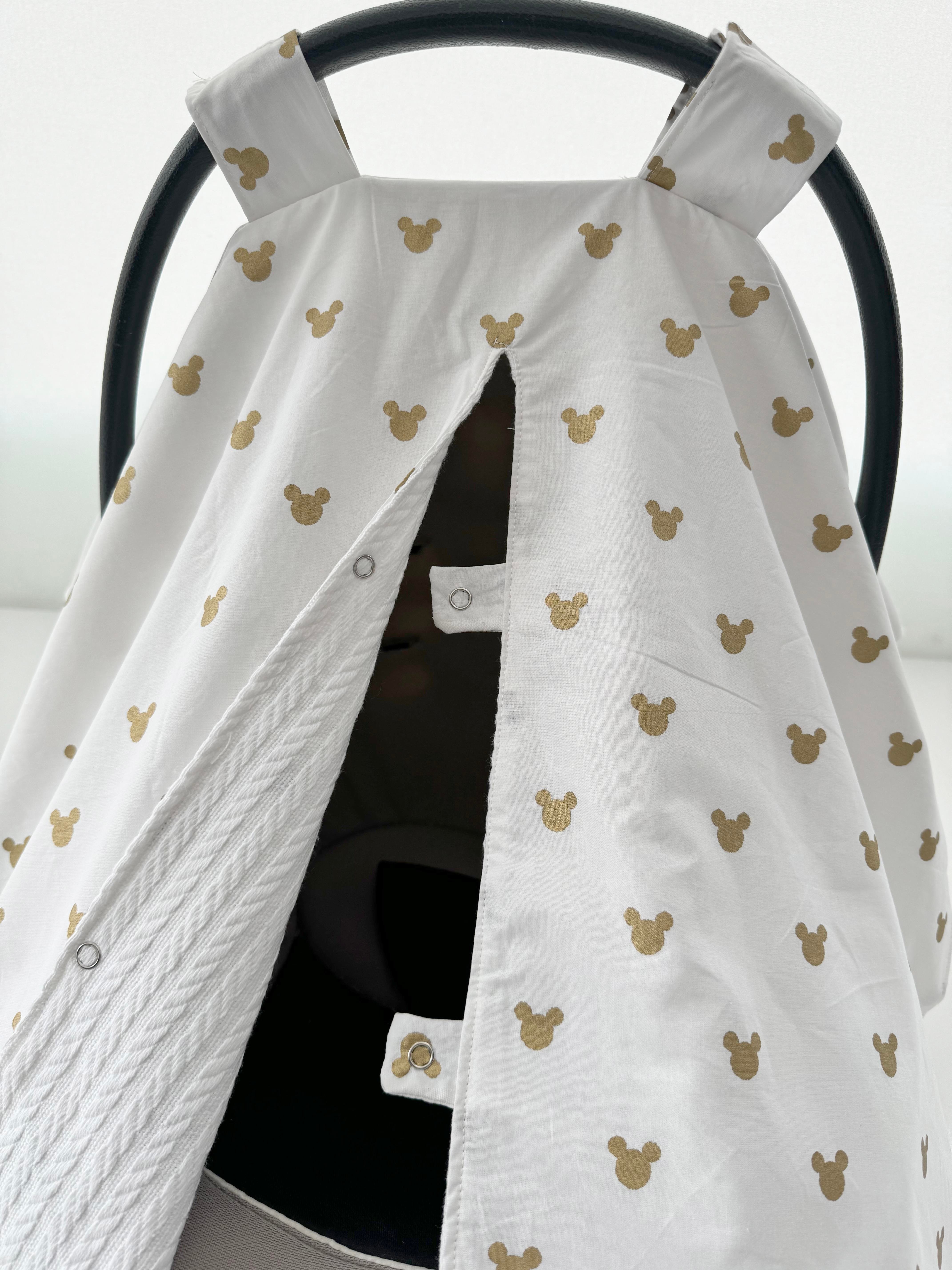 Jaju Baby Çift Taraflı Puset Örtüsü Örgü ve Gold Micky Kumaş