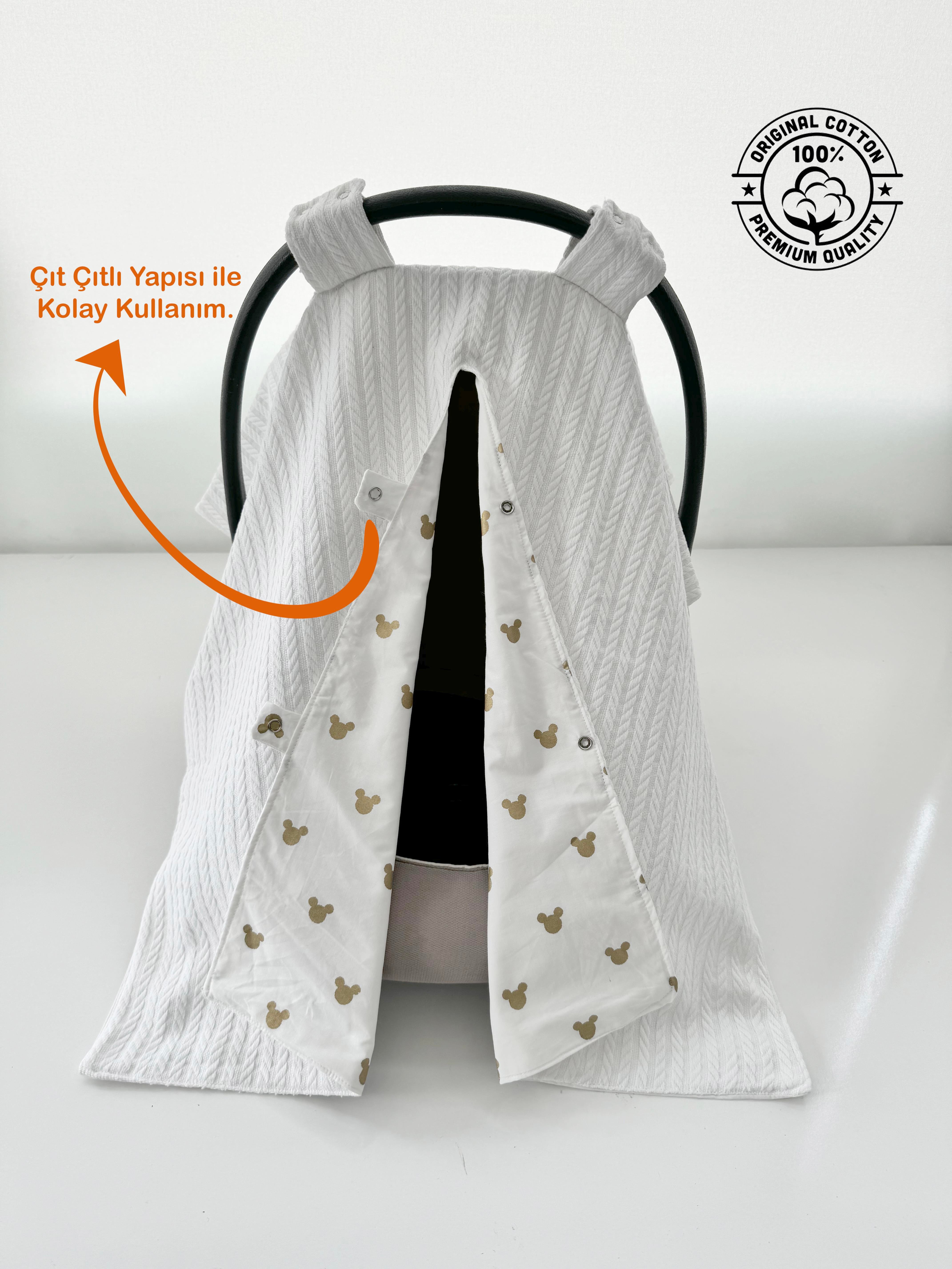 Jaju Baby Çift Taraflı Puset Örtüsü Örgü ve Gold Micky Kumaş